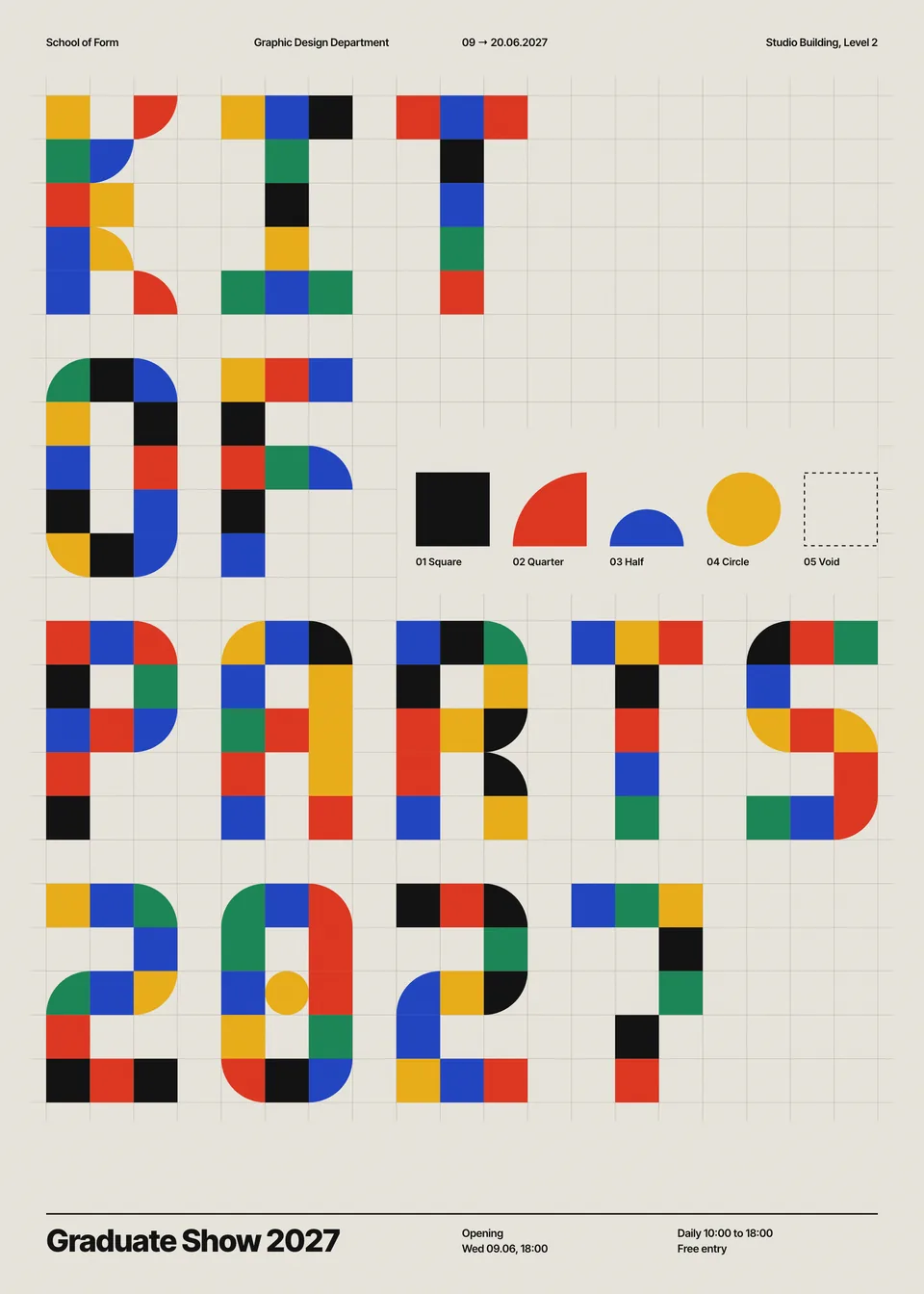 Poster: KIT OF PARTS 2027 spelled in a modular typeface of squares, quarters, halves and circles in red, blue, yellow, green and black.