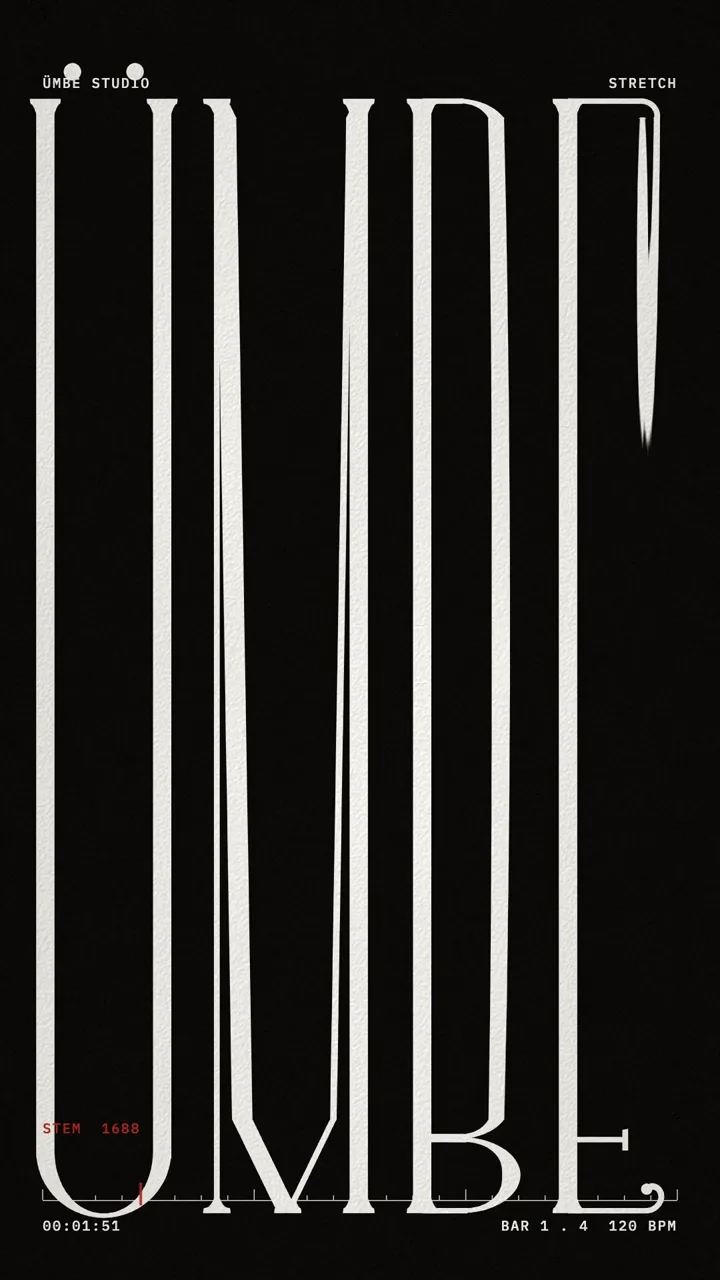 A frame from the motion study: the capitals ÜMBE stretched tall and thin on black.