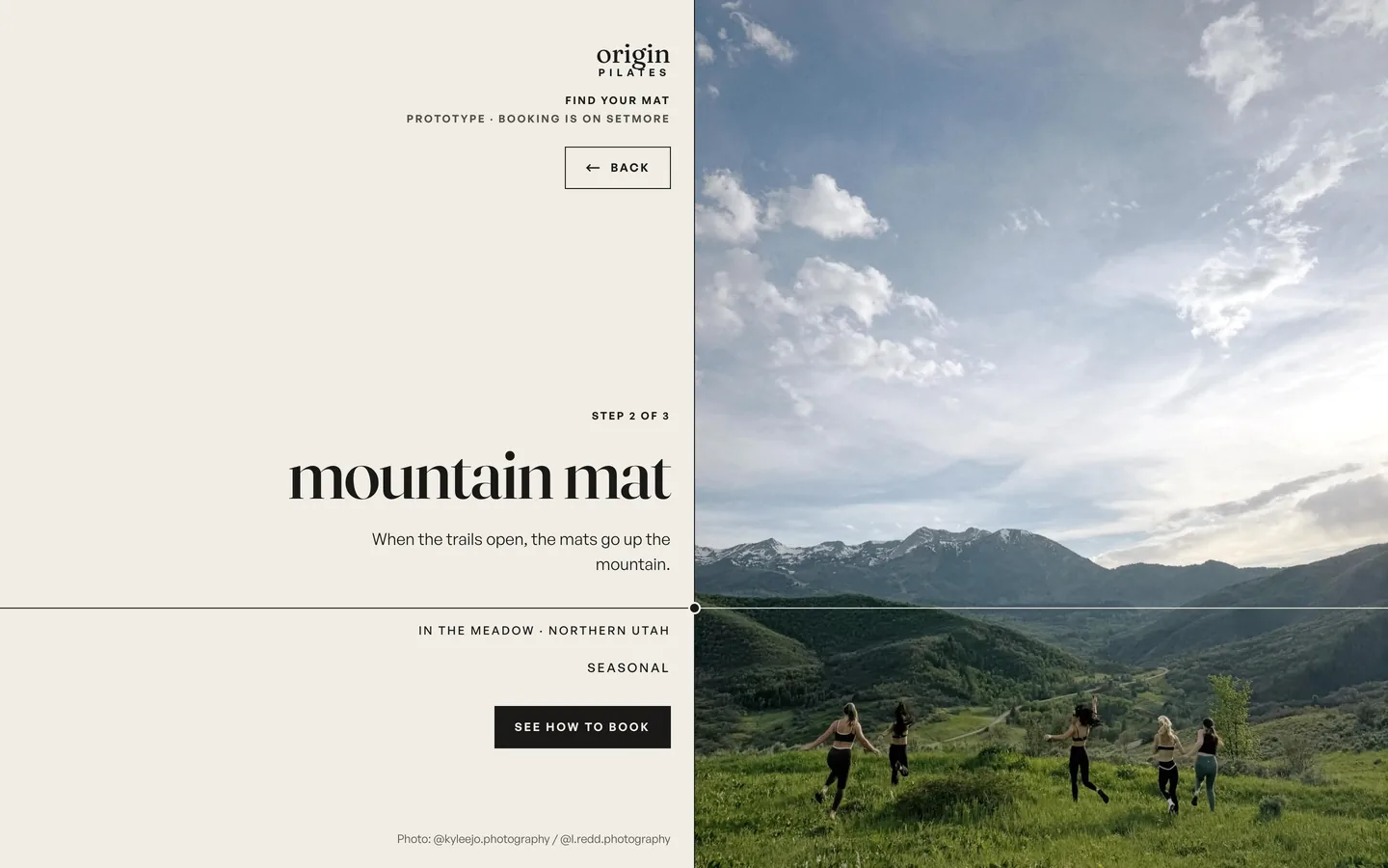 Step two for the mountain class: mountain mat held to the spine, when the trails open, the mats go up the mountain, and a meadow photograph whose ridge lies on the mat line.
