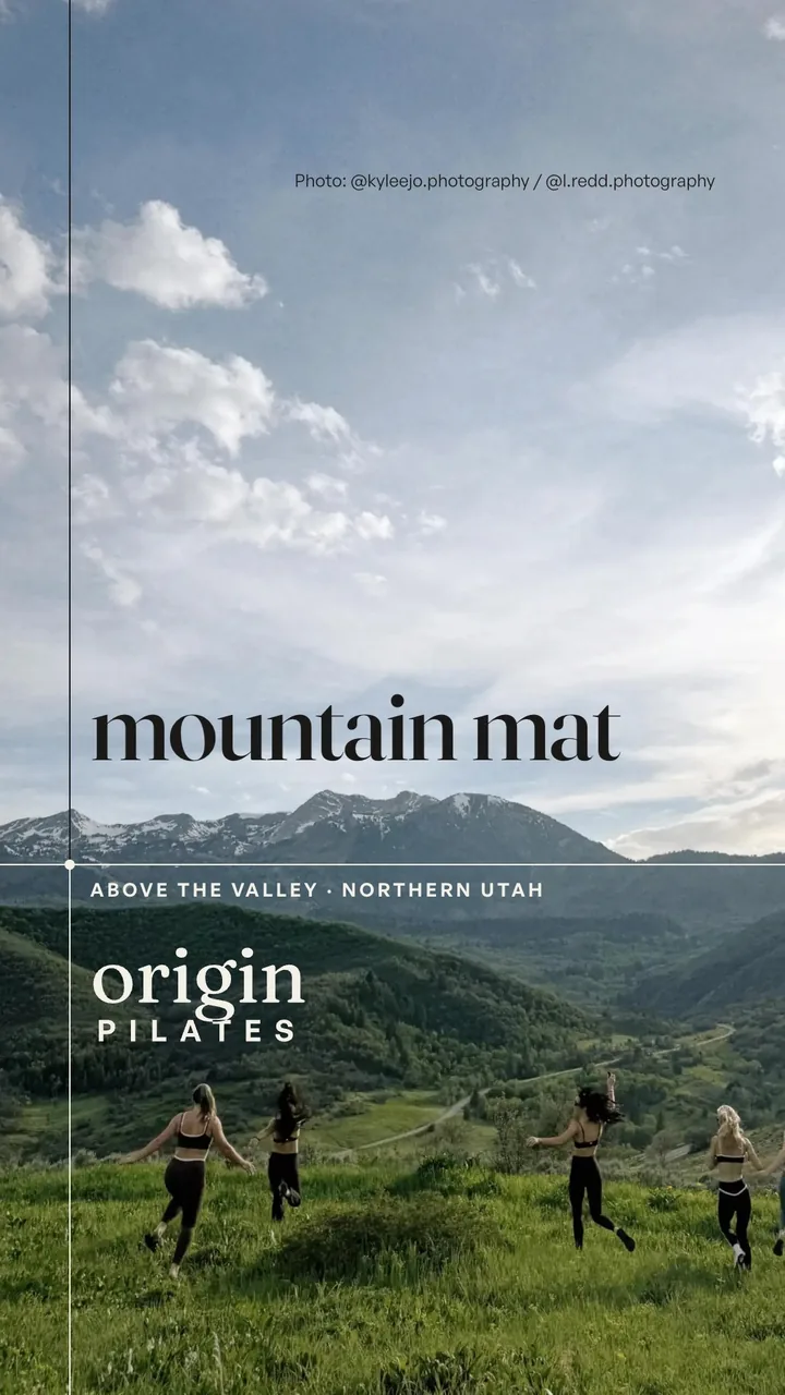 The last frame of the story film: mountain mat held to the spine over a meadow, the place label at the point, and the wordmark.