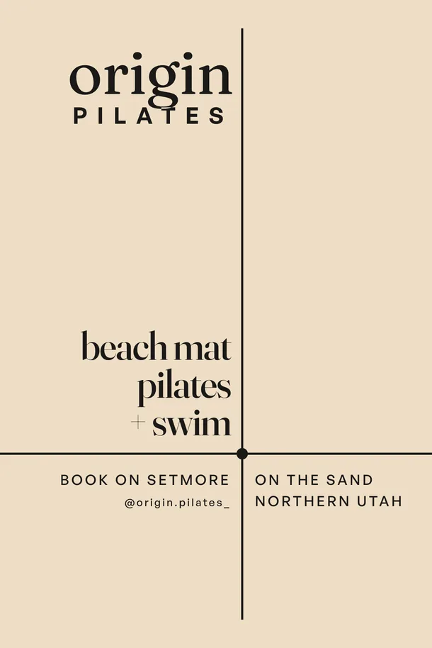 The beach panel: sand ground, the wordmark, beach mat pilates plus swim held to the spine, and on the sand, Northern Utah at the point.