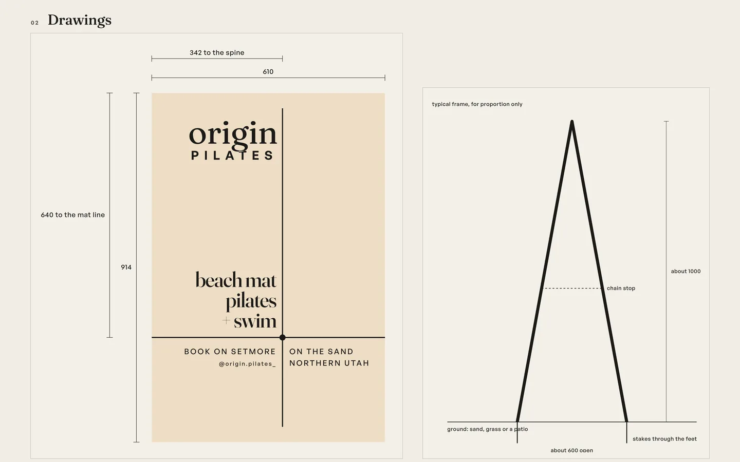 Drawings of the sign: the beach panel with its dimensions, 610 by 914 millimetres, the spine at 342 and the mat line at 640, and a side view of a typical A-frame about a metre tall.
