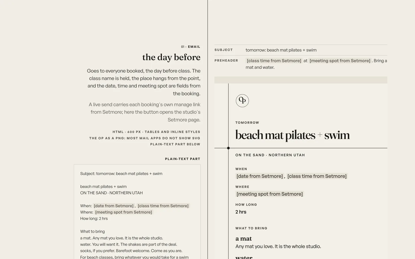 The day-before email: tomorrow, beach mat pilates plus swim held to the spine, the place at the point, then fields for the date, time and meeting spot, what to bring and a button to manage the booking, beside its plain-text version.