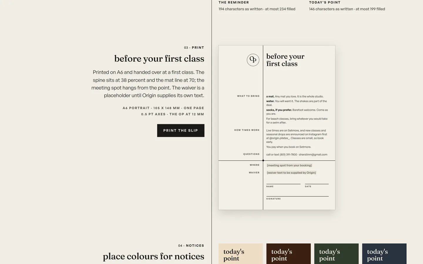 The before your first class slip on A6: what to bring, how times work and questions held to a spine, the meeting spot at the point, and a waiver section left as a placeholder.