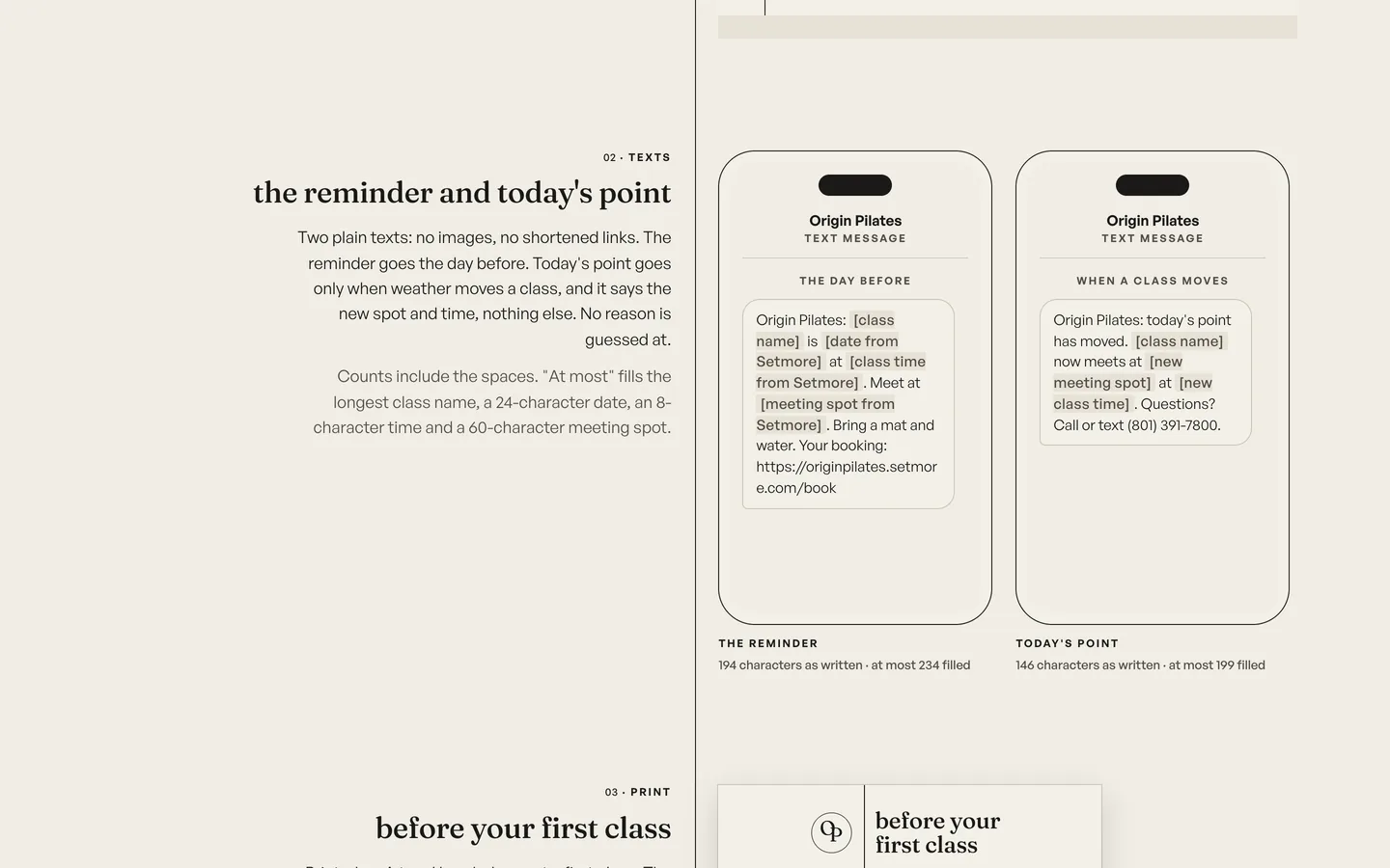 Two text messages on phone mockups: the reminder the day before, and today's point, sent only when weather moves a class.