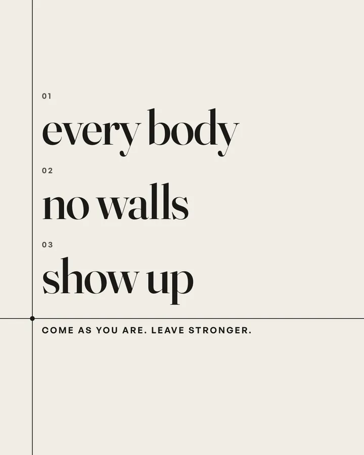 The three beliefs, every body, no walls, show up, stacked on the spine, with come as you are, leave stronger at the point.