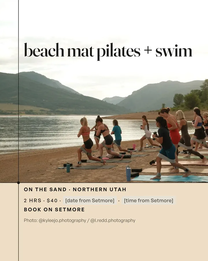 Class drop: beach mat pilates plus swim over the lake shore, the class resting on the mat line, with fields for the date and time and Book on Setmore.