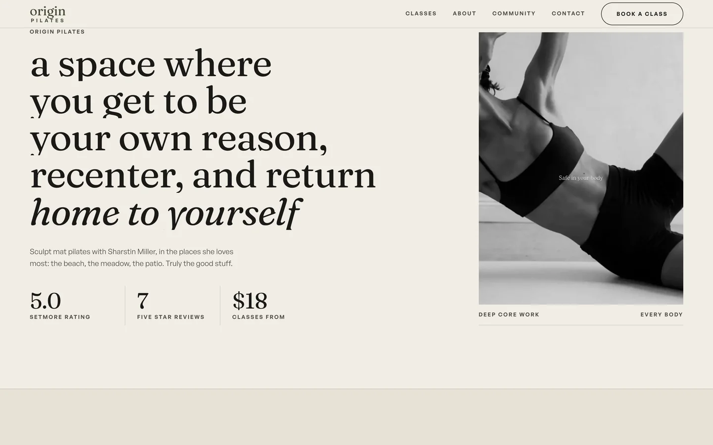 Origin Pilates on a laptop: the line a space where you get to be your own reason, recenter, and return home to yourself.