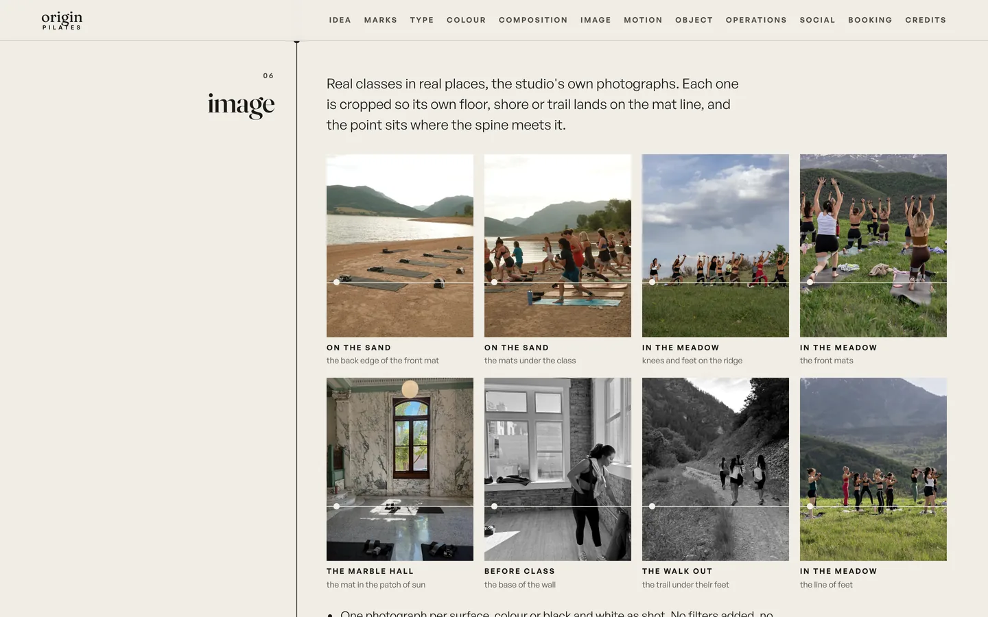 The image chapter: eight of the studio's photographs, beach, meadow, marble hall and trail, each cropped so its floor lands on a line at 70 percent with a point at its left end.