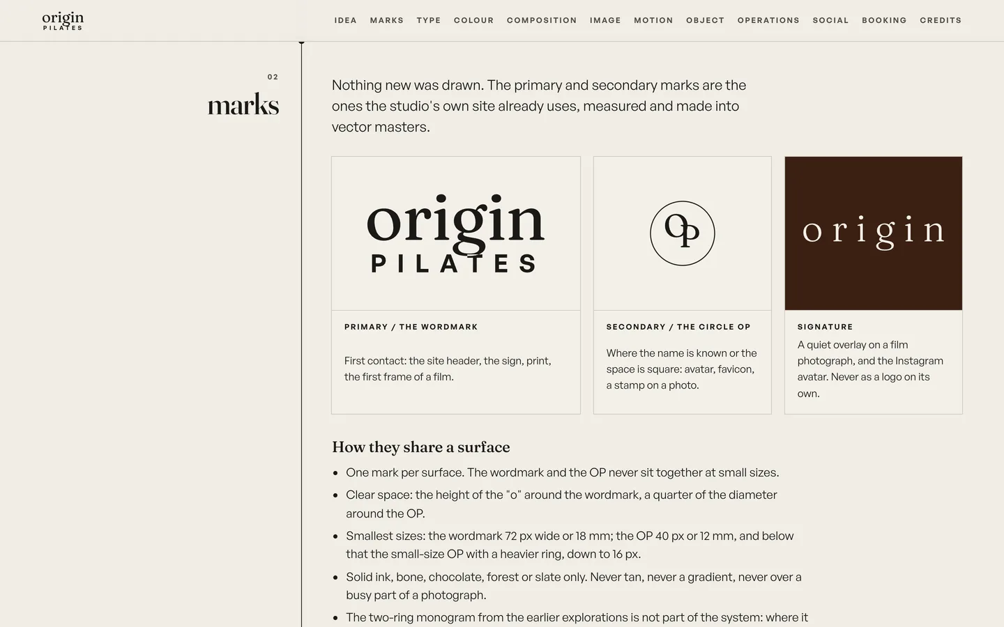 The marks chapter: the wordmark origin over spaced capitals pilates, the circle OP, and the light, widely spaced signature on chocolate, with the rules for sharing a surface.