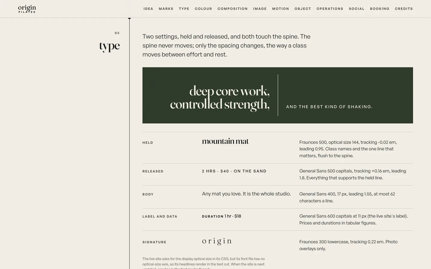 The type chapter: deep core work, controlled strength held to a spine in a serif on forest green, and the best kind of shaking released in spaced capitals, above a table of type roles.