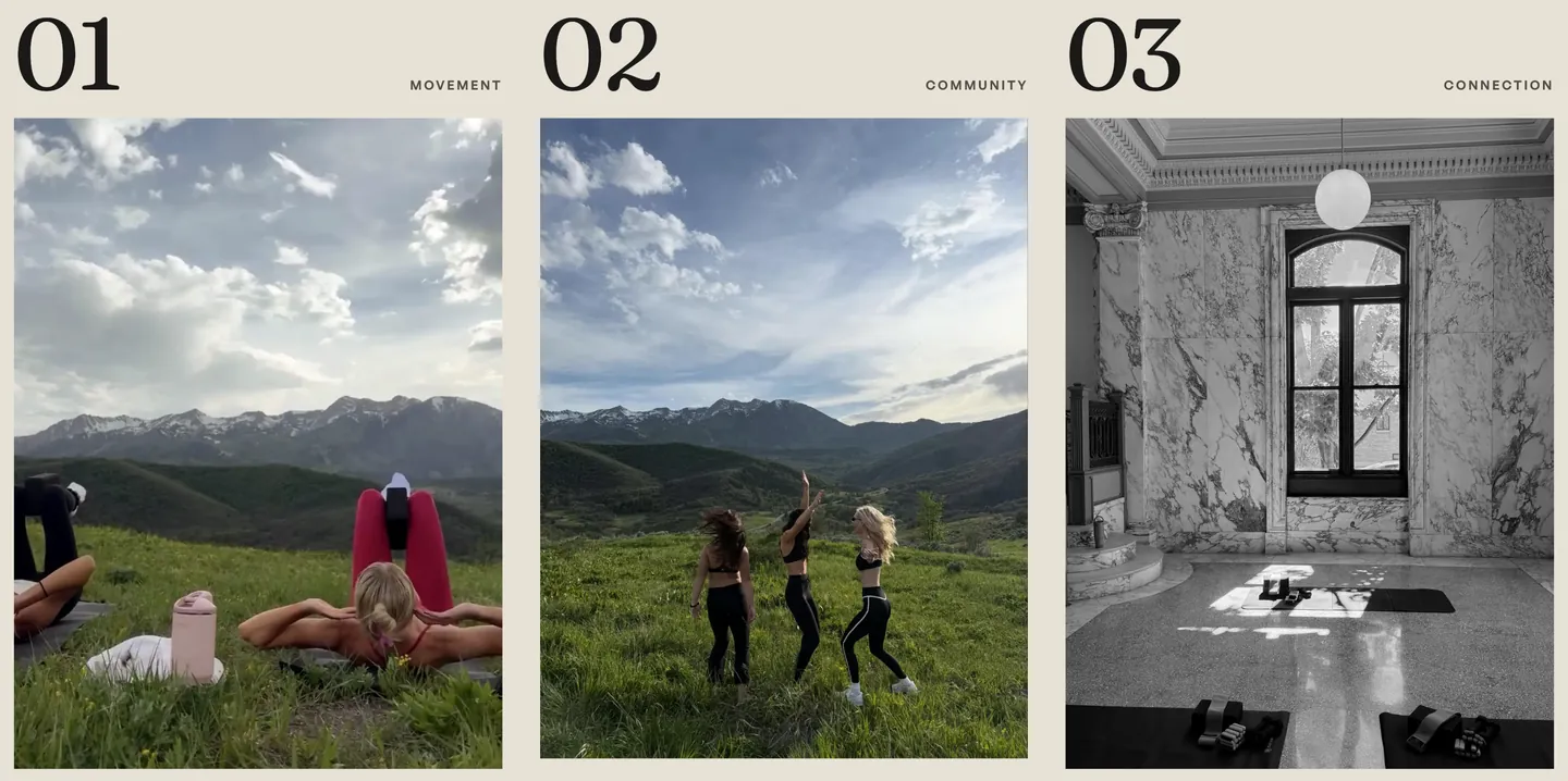 Three photographs numbered 01 Movement, 02 Community, 03 Connection: students on a mountain meadow, friends jumping in the grass, mats in a marble hall.