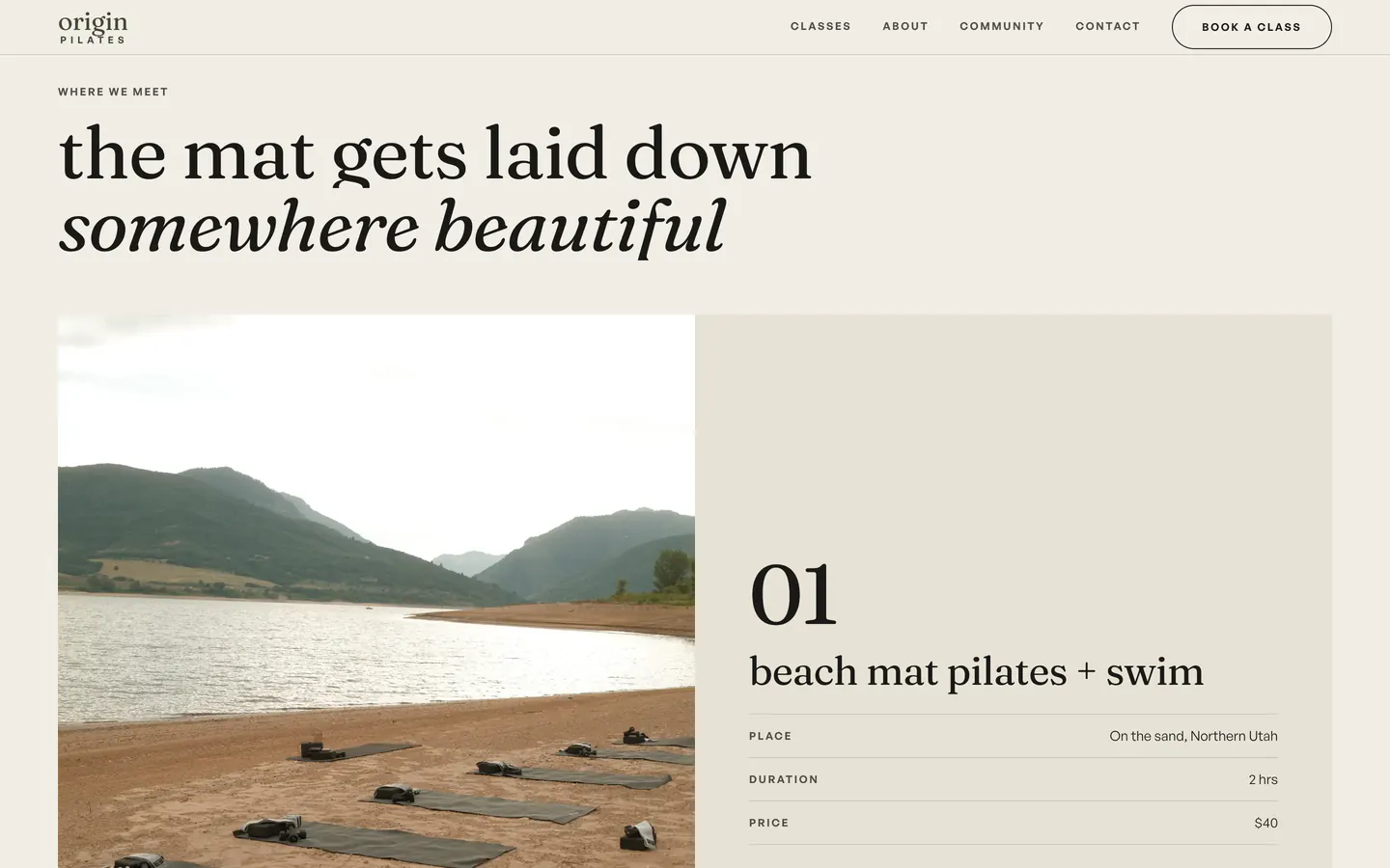 Where we meet: the mat gets laid down somewhere beautiful, then class 01, beach mat pilates plus swim, with a photograph of mats on a lake beach and the place, duration and price in a ruled table.