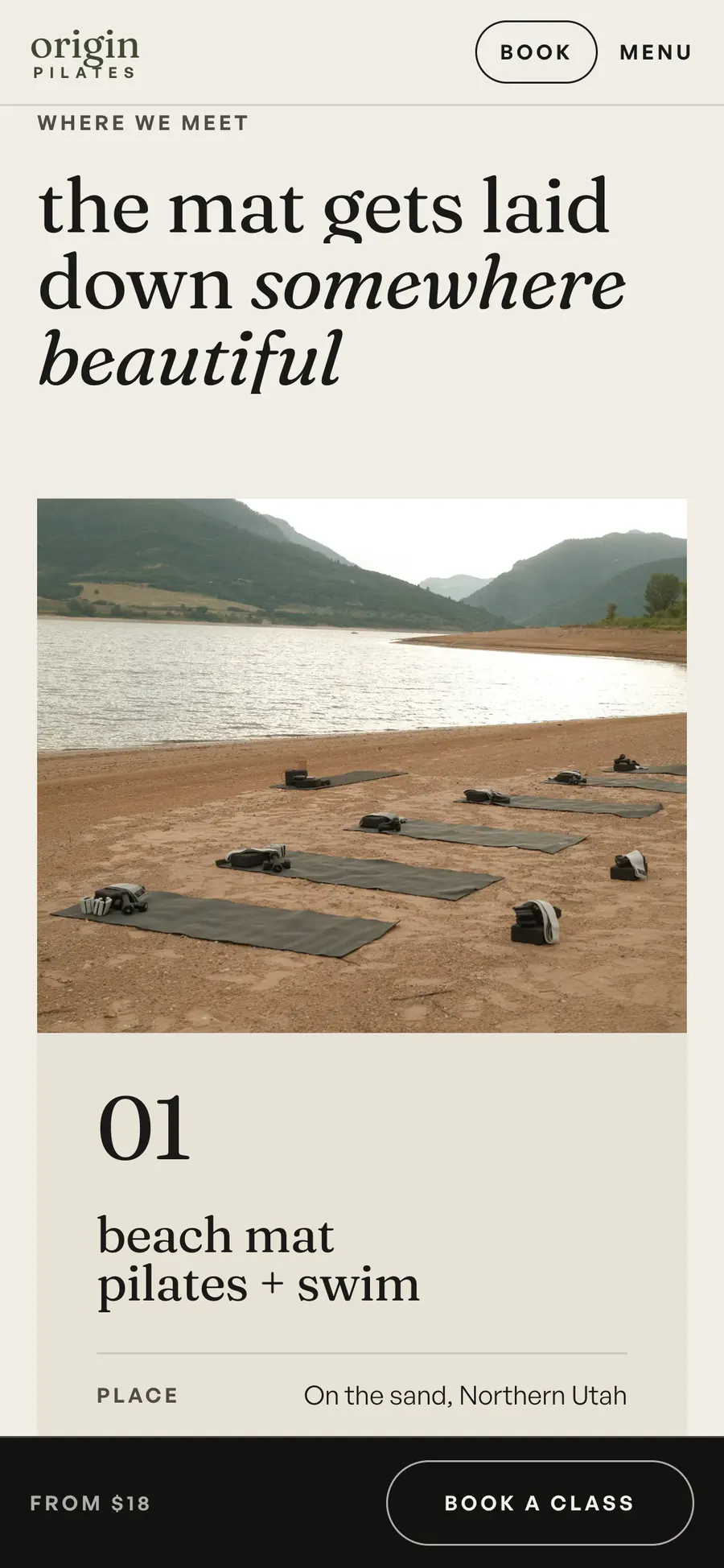 The same classes on a phone: the heading, the beach photograph, class 01, and a black bar fixed to the bottom of the screen reading From $18 and Book a class.
