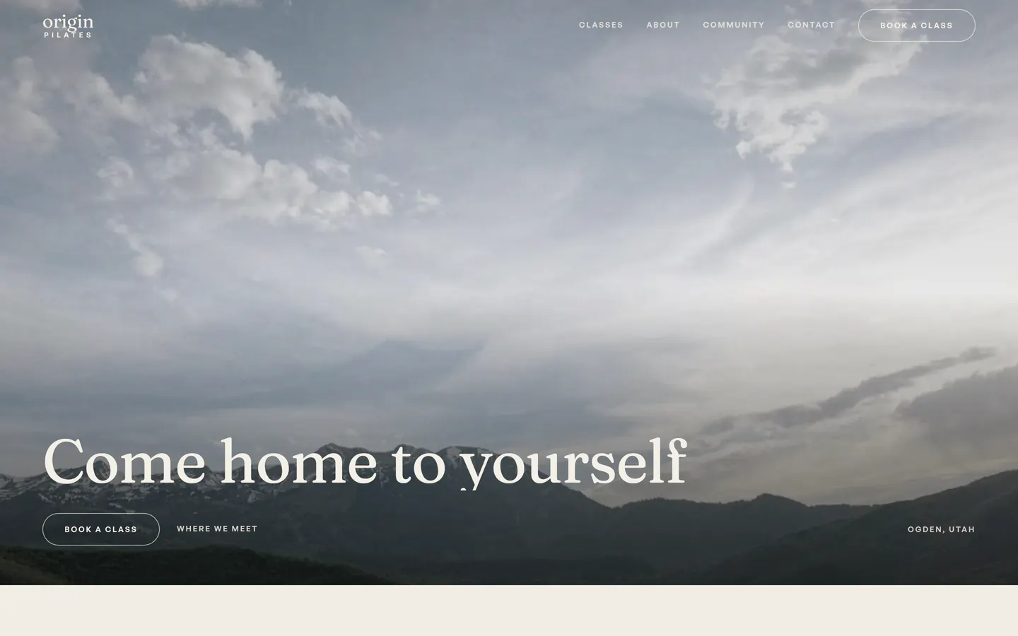 The Origin Pilates homepage: a wide mountain sky over a dark ridge, the line Come home to yourself, a Book a class button and Where we meet, with Ogden, Utah in the corner.