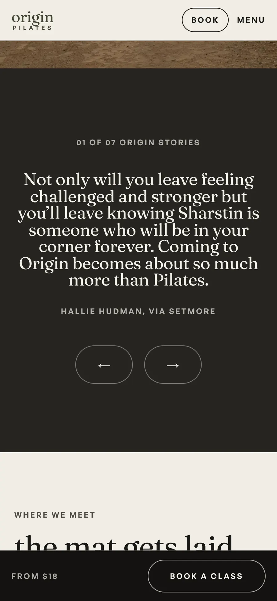The same review on a phone, set large in the serif, with the reviewer's name and the arrows.