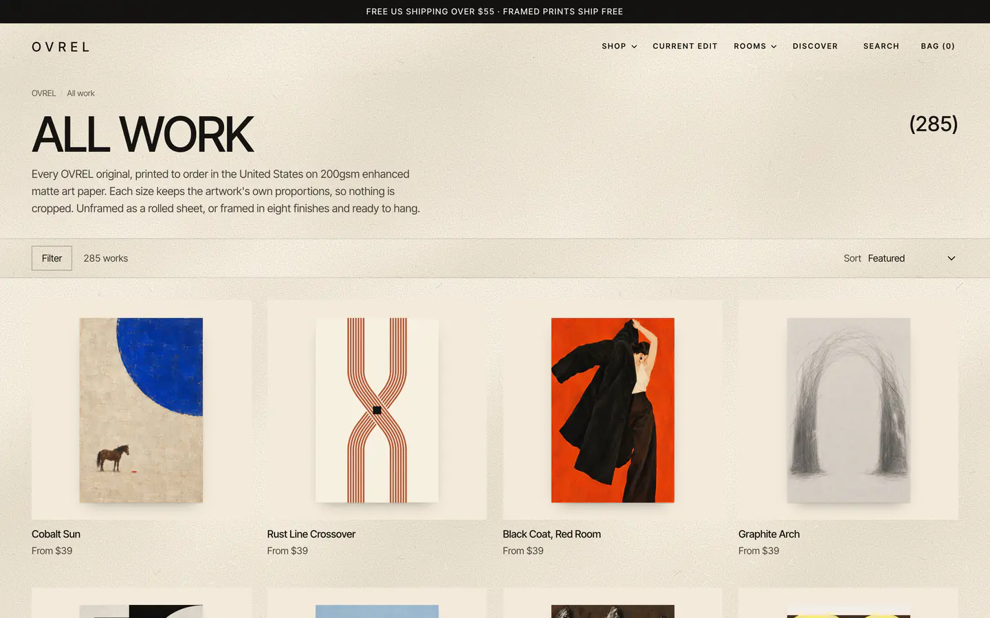 The All work page: the heading ALL WORK with the count 285 in parentheses, a line on paper and printing, a filter bar, and the first row of prints: Cobalt Sun, Rust Line Crossover, Black Coat, Red Room and Graphite Arch.