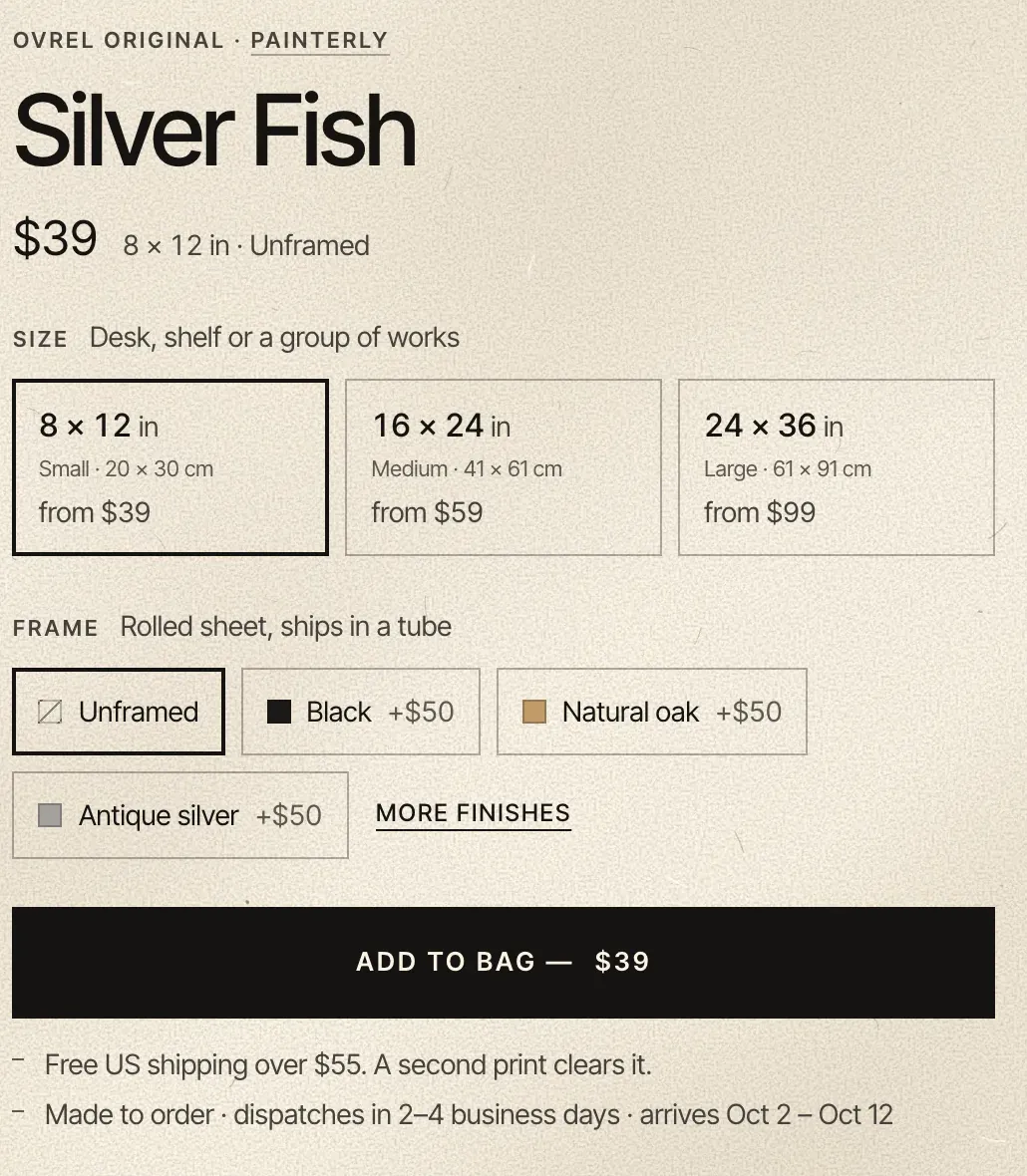 The buying column at full size: OVREL ORIGINAL, PAINTERLY, the title Silver Fish, $39, size boxes with inches, centimetres and prices, frame chips with swatches, a black Add to bag button, and two lines on shipping and delivery dates.