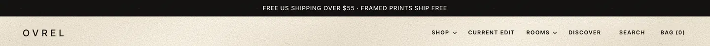The top of every page: a black strip reading FREE US SHIPPING OVER $55, FRAMED PRINTS SHIP FREE, then the OVREL wordmark in widely spaced capitals and the tracked uppercase navigation.