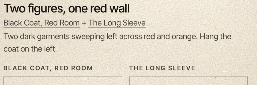 A pair's text at full size: Two figures, one red wall; the two linked titles; the hanging note; and the two tracked labels above their menus.