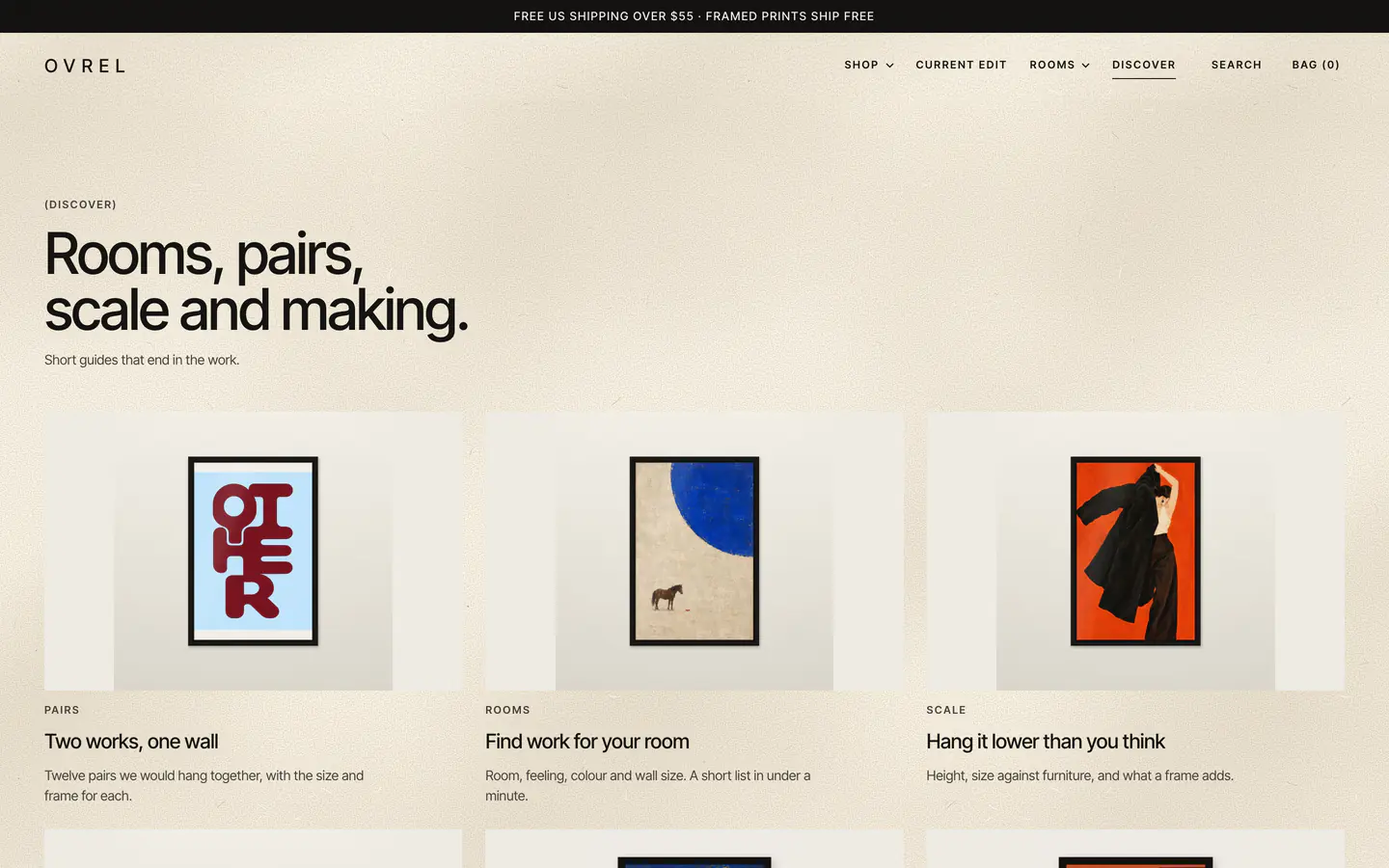 Discover: Rooms, pairs, scale and making. Short guides that end in the work, each led by a framed print: Two works, one wall; Find work for your room; Hang it lower than you think.