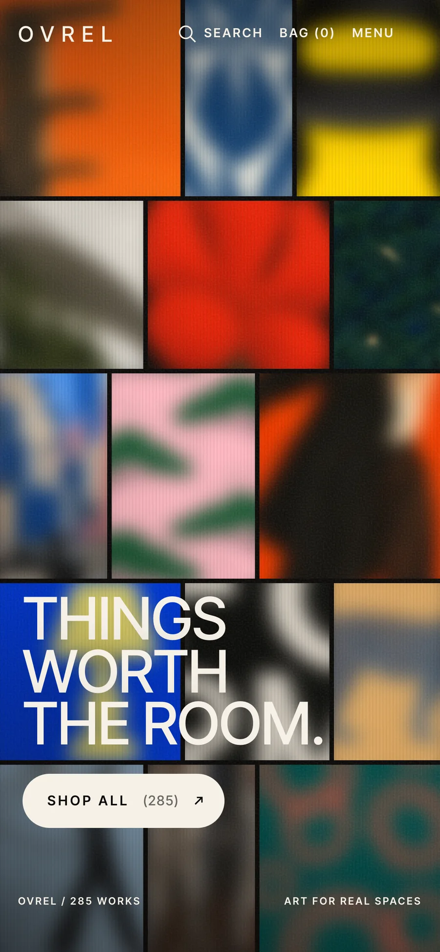 The same homepage on a phone: the wall of works fills the screen above the headline and the Shop all button.