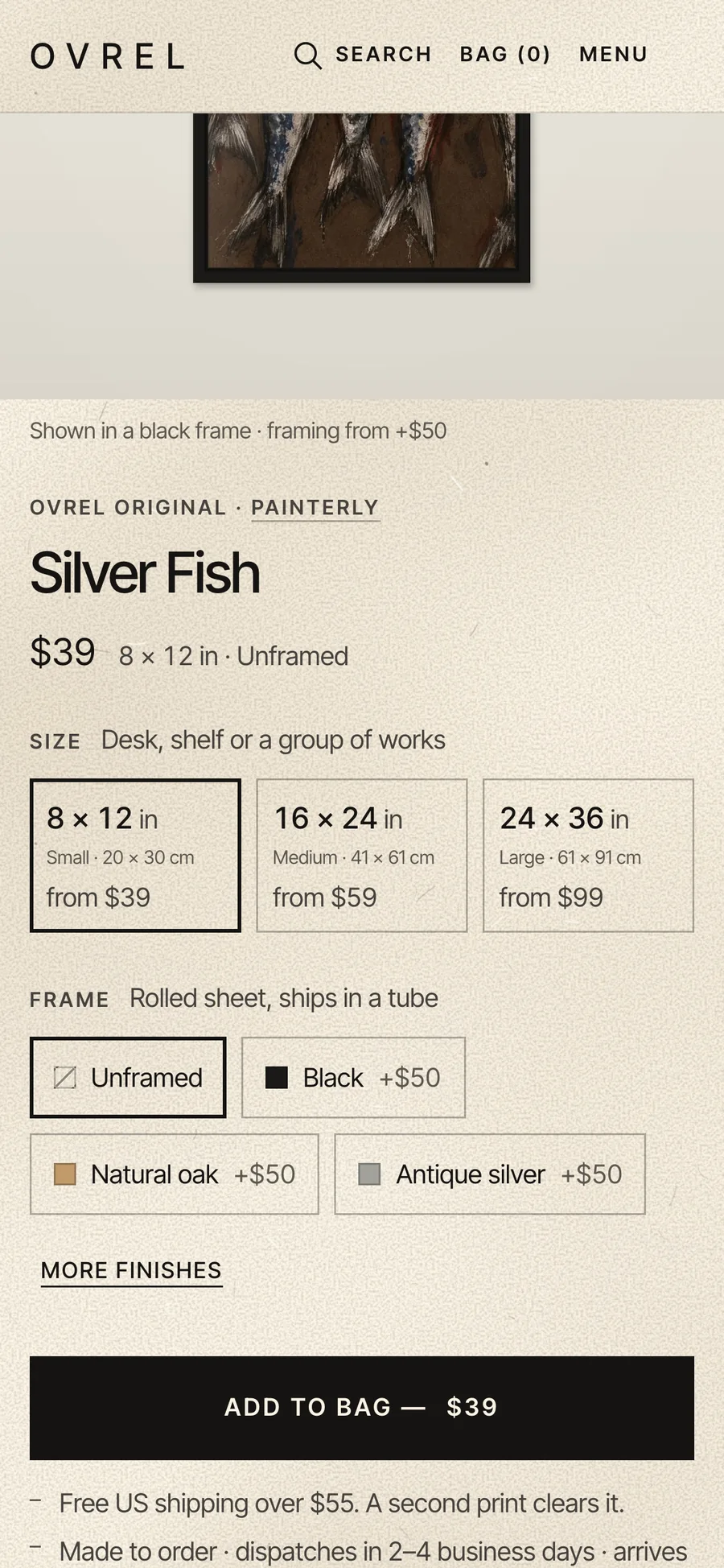 The size and frame choices on a phone.