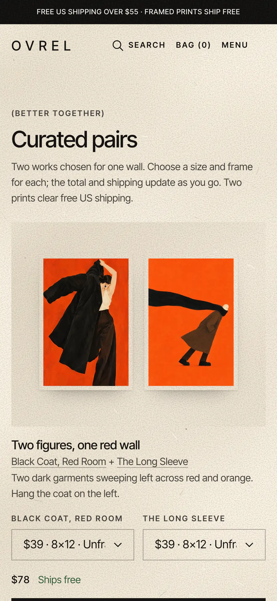 A pair on a phone: Black Coat, Red Room and The Long Sleeve side by side, a size and frame menu for each, and the total, $78, marked Ships free.