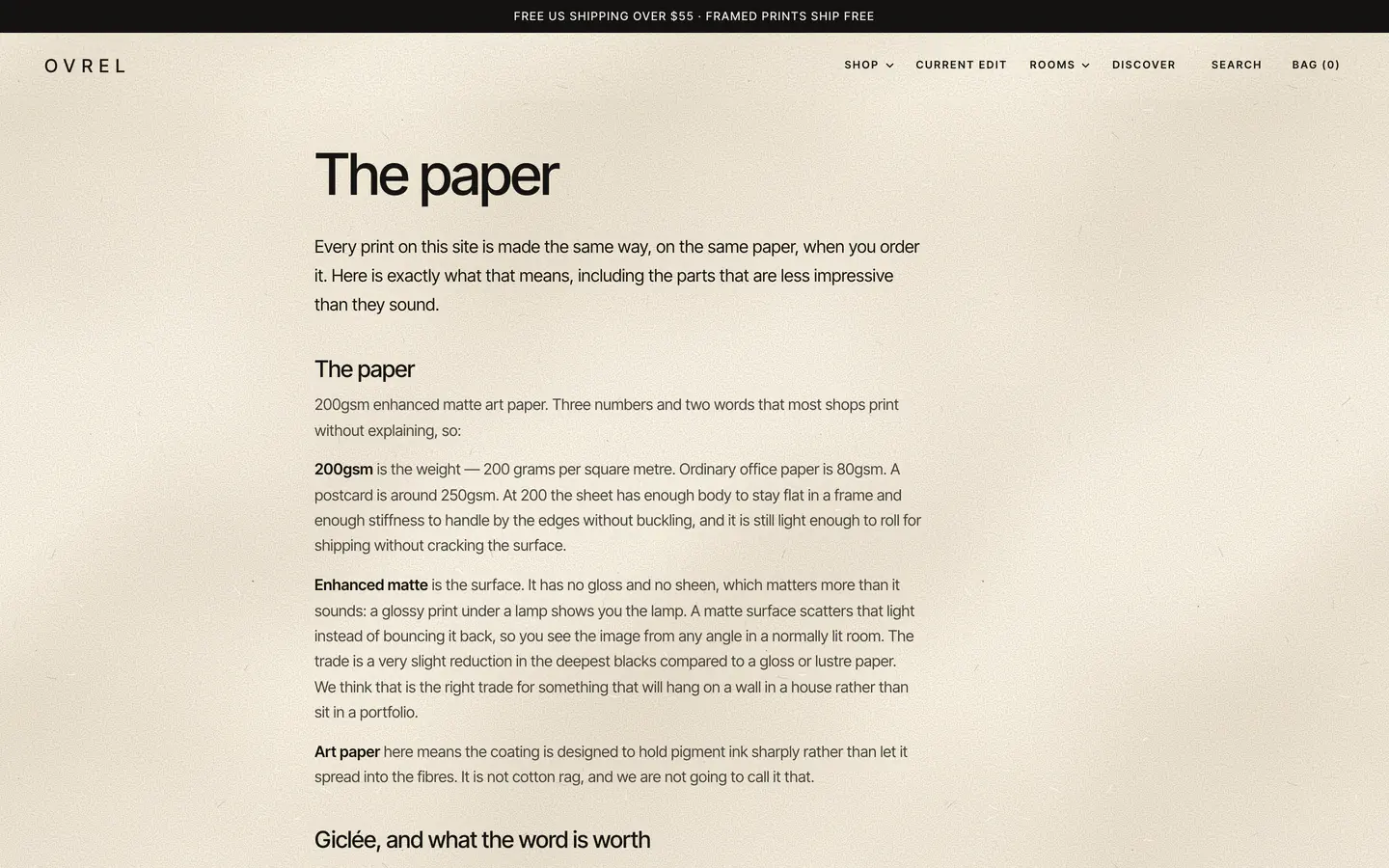 The paper: every print is made the same way on the same paper, with 200gsm and enhanced matte explained in plain words.