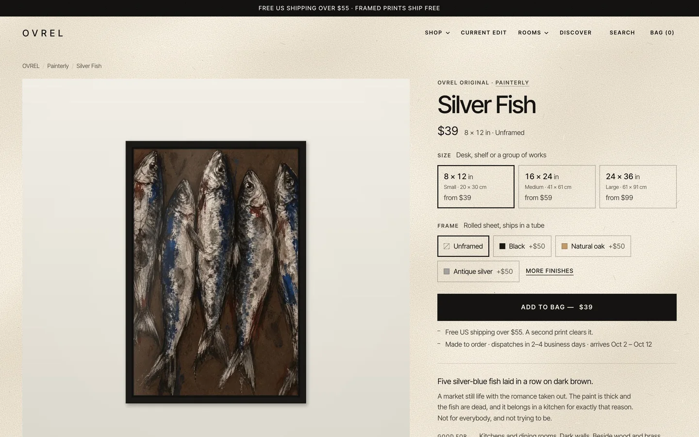 An OVREL product page: Silver Fish, $39, three sizes from $39, $59 and $99, frame choices and an Add to bag button.