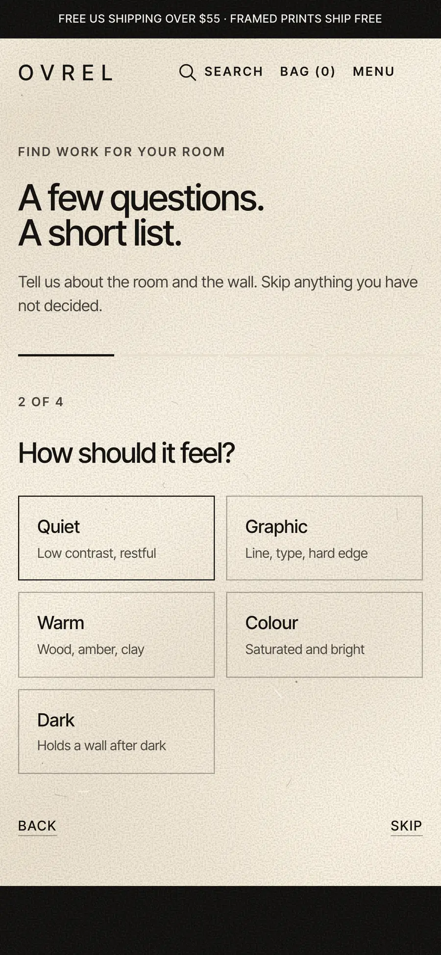 Question 2 of 4 on a phone: How should it feel? Quiet, Graphic, Warm, Colour or Dark, with Back and Skip.