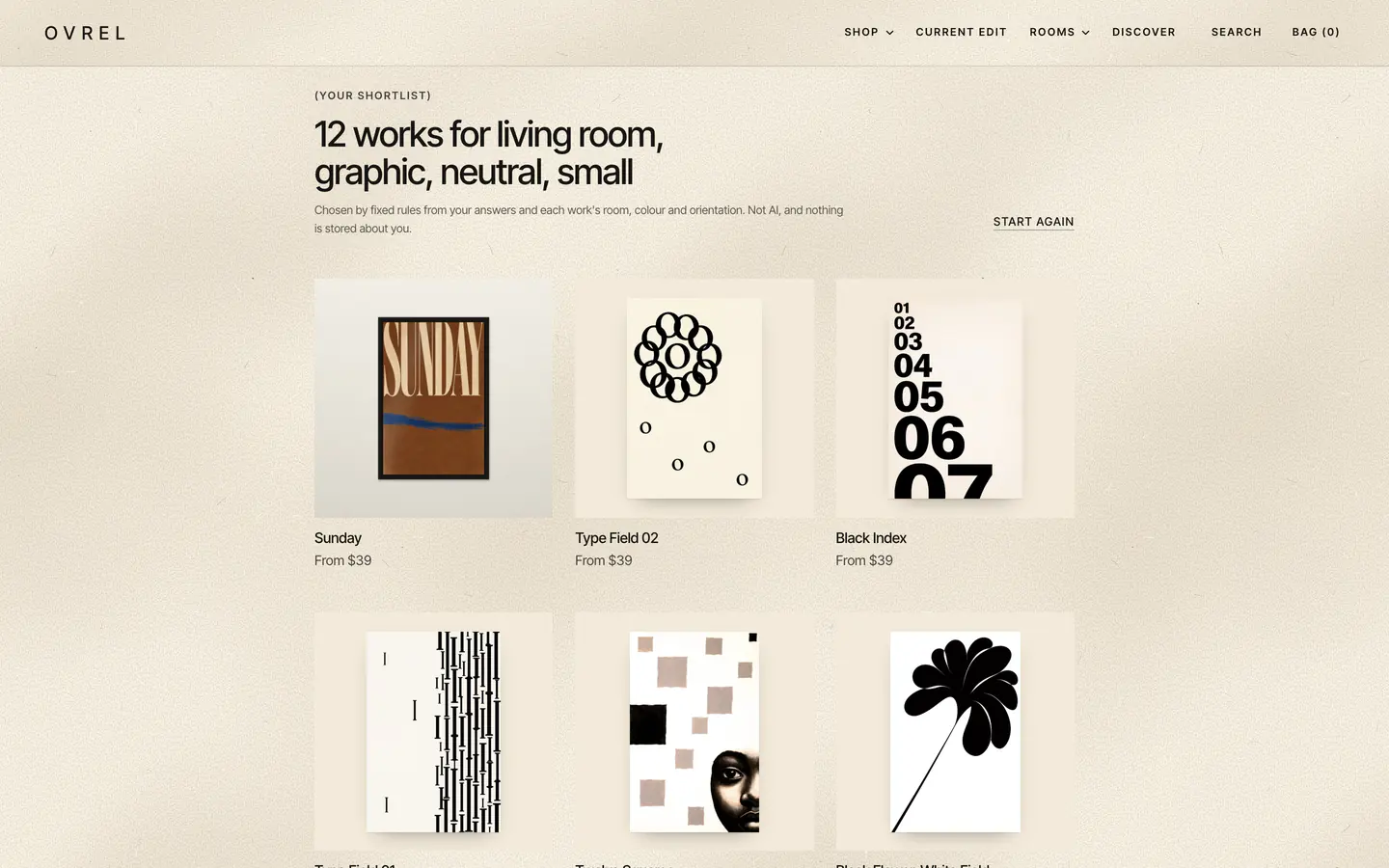 The shortlist: 12 works for living room, graphic, neutral, small, chosen by fixed rules from the answers. Sunday, Type Field 02 and Black Index lead the list.