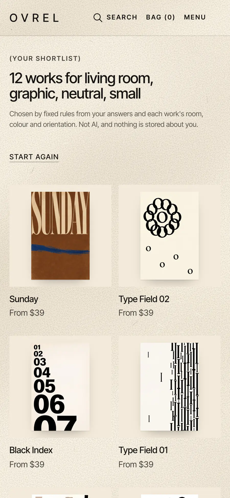 The find-your-work shortlist on a phone: 12 works for living room, graphic, neutral, small, chosen by fixed rules.