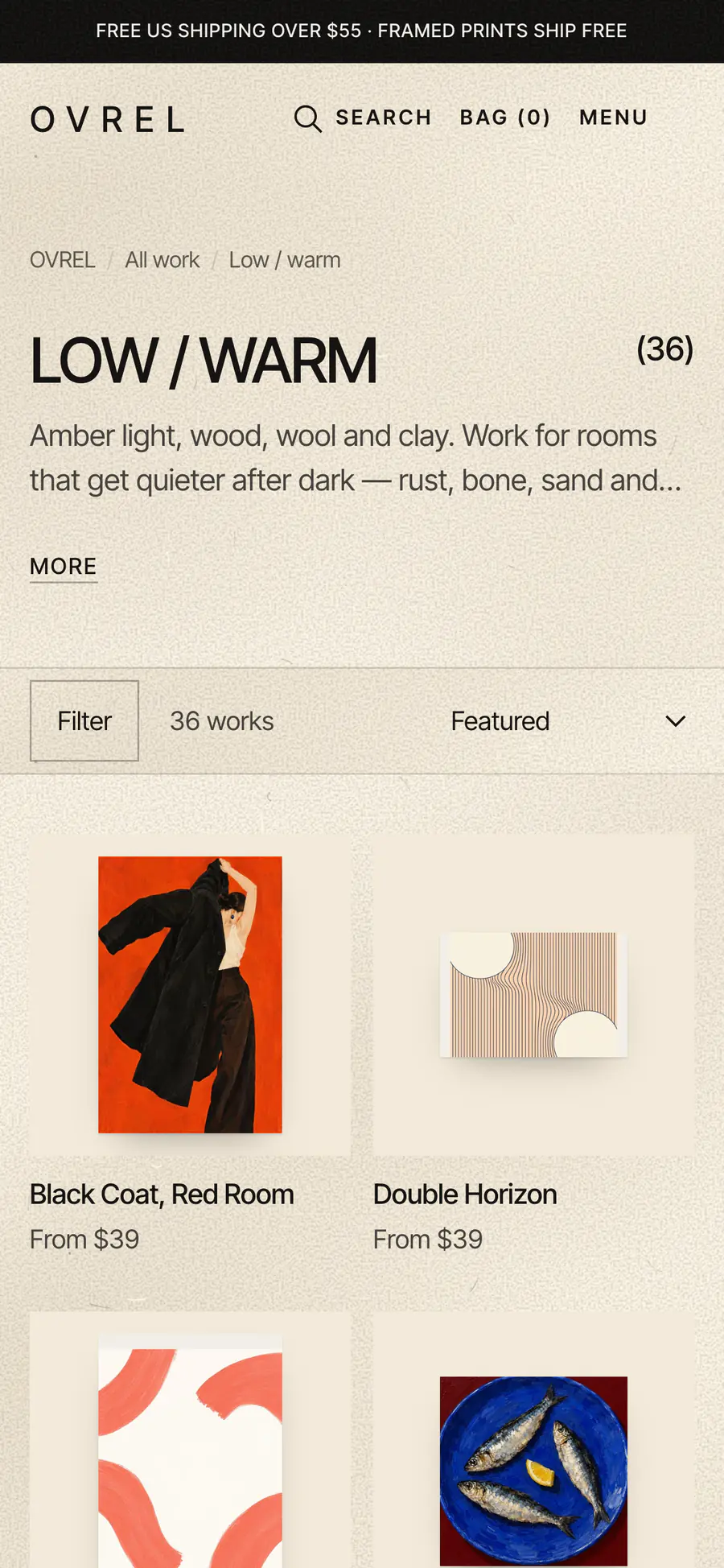 The same room on a phone: LOW / WARM, 36 works, a filter button and the first four prints in two columns.