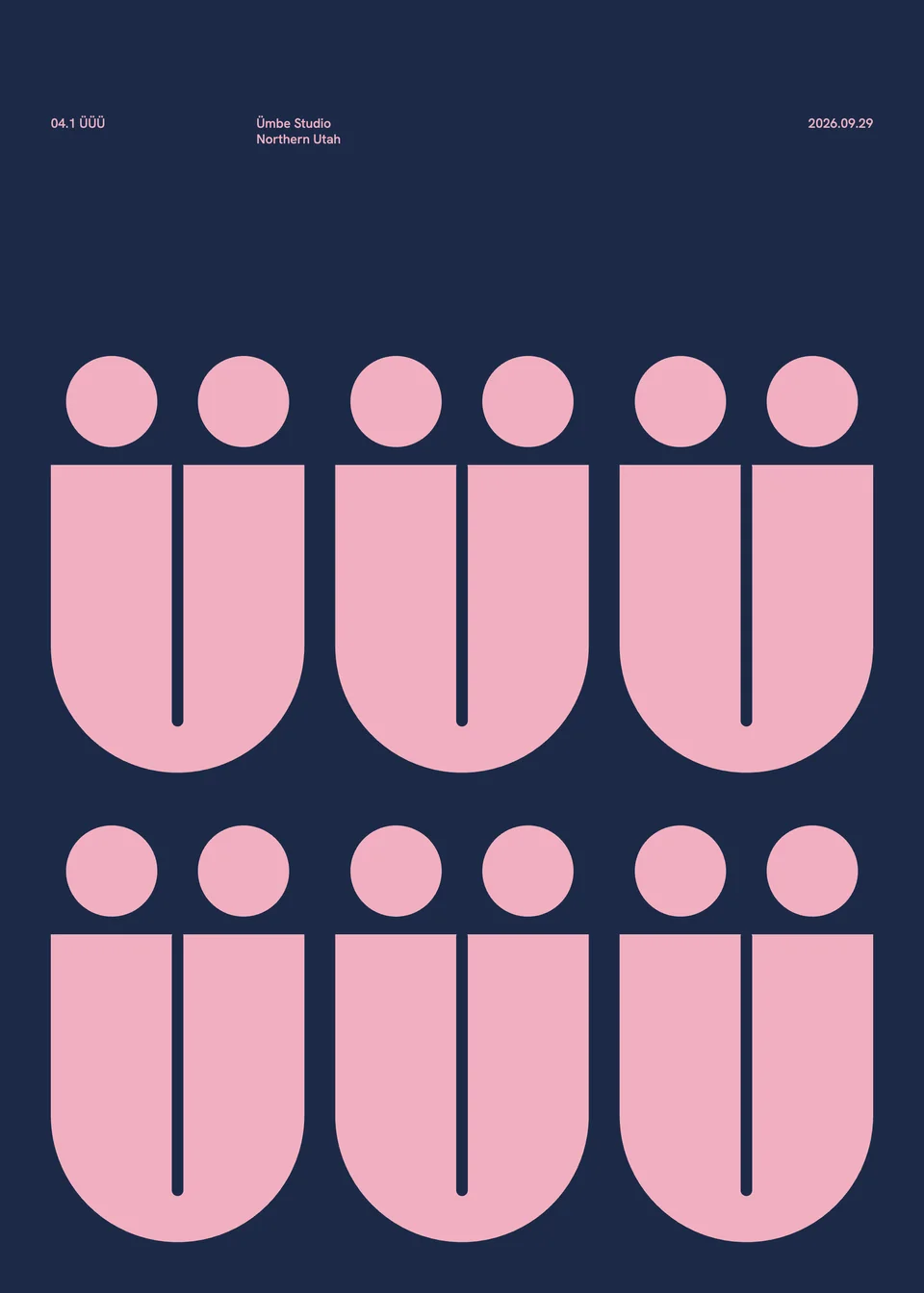 Print: six pink Ü masses with round umlaut dots, in two rows on navy.