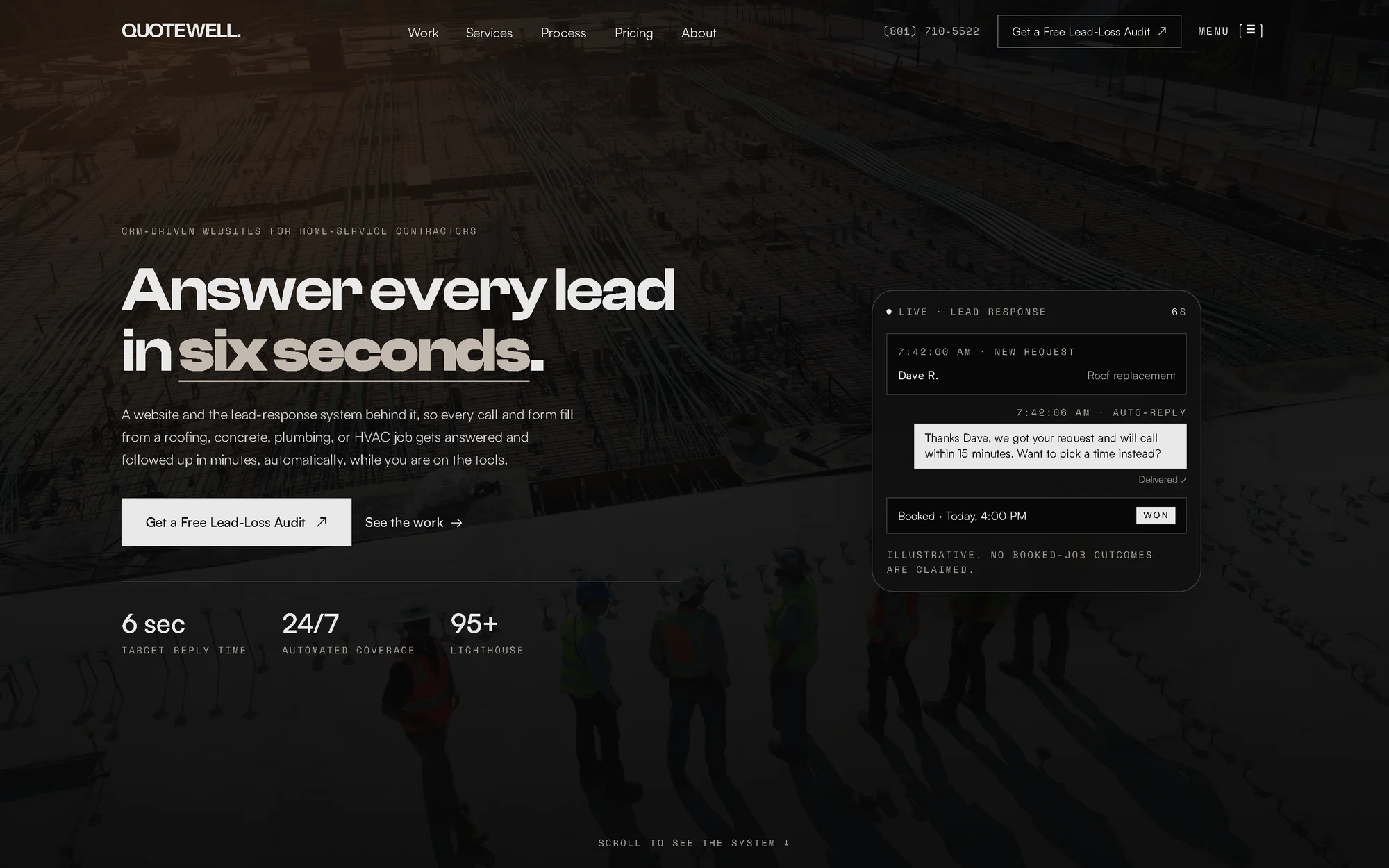 QuoteWell interface: answer every lead in six seconds, with a live lead-response panel