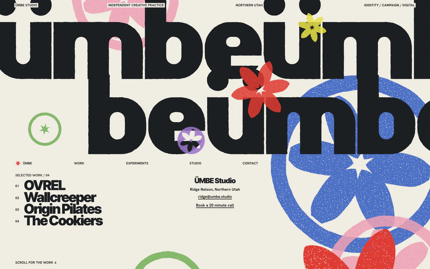 The home page poster: the word ümbe drawn huge in black, broken across two lines, overprinted with a cobalt bloom, a red flower and smaller marks, above the navigation and the list of selected work.