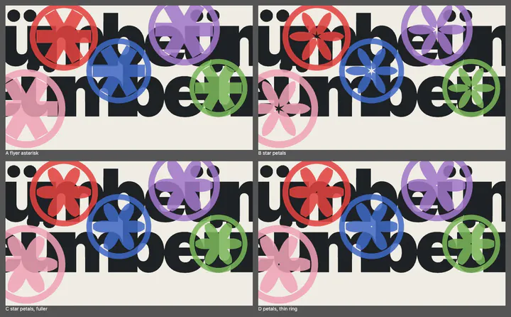 Four studies of the marks over the lettering: A a flyer asterisk, B star petals, C fuller petals, D petals in a thin ring.