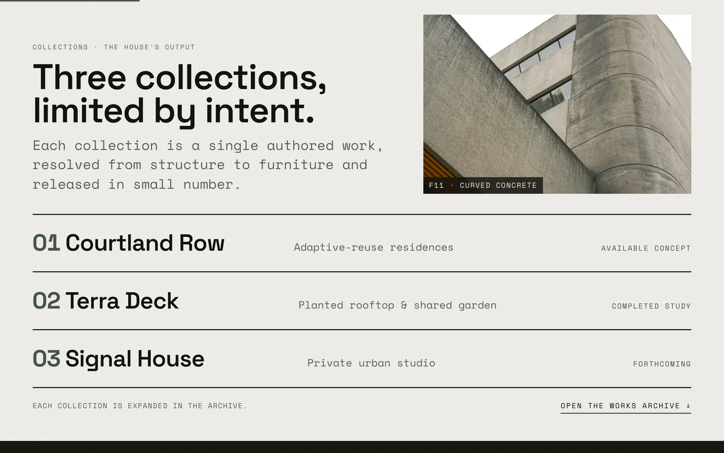 The Verda concept: Three collections, limited by intent, an index of Courtland Row, Terra Deck and Signal House with their type and status, beside a credited stock photograph of curved concrete.