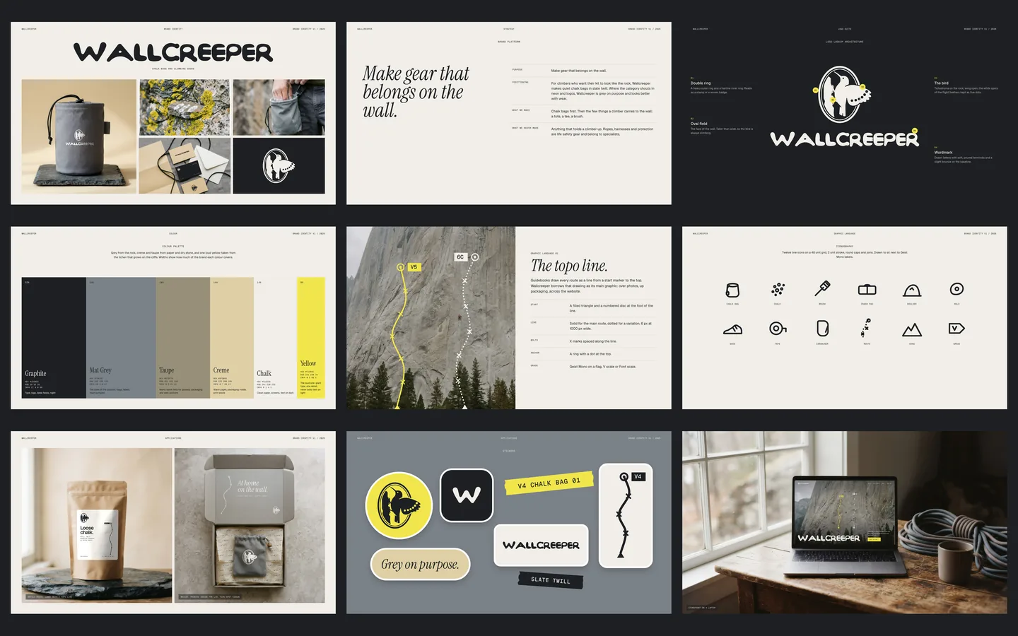Nine pages of the Wallcreeper brand book: the cover, the brand platform, the lockup architecture, the palette, the topo line, the icons, packaging, stickers and the storefront.