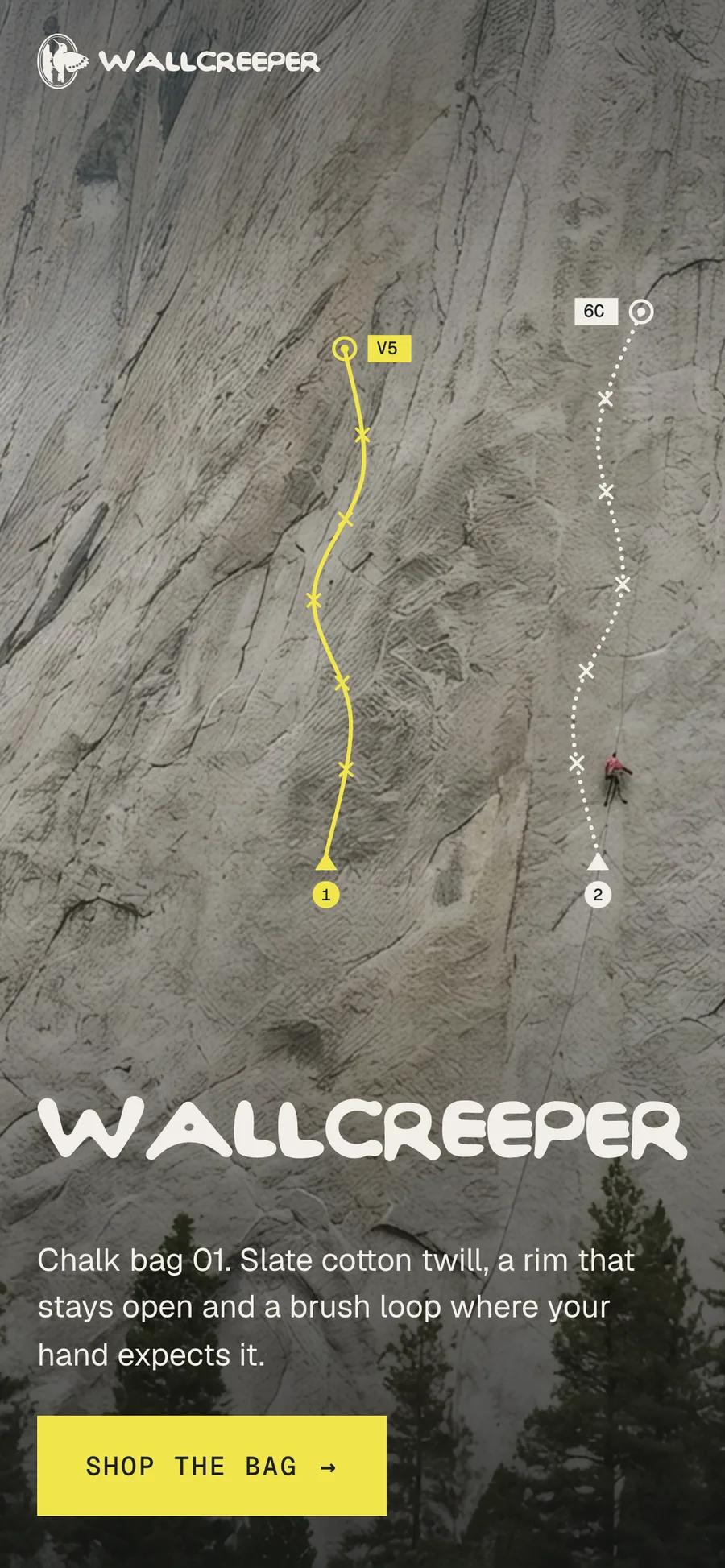 The storefront on a phone: route lines up a granite wall above the WALLCREEPER wordmark and a Shop the bag button.