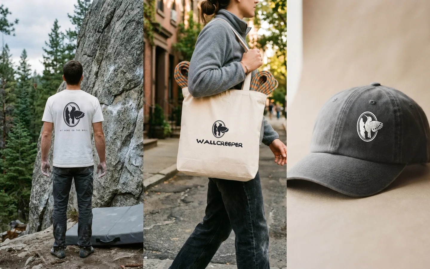 Three pieces: a white tee with the seal on the back at a granite boulder, a canvas tote with the lockup, and a graphite cap with the seal embroidered in chalk.