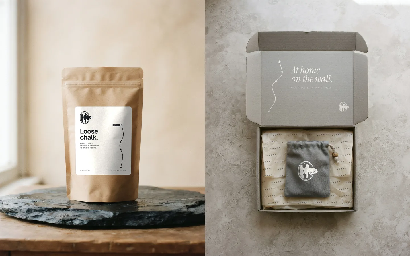 A kraft refill pouch with a white label reading Loose chalk, and an open grey mailer printed At home on the wall inside the lid, with spotted tissue.