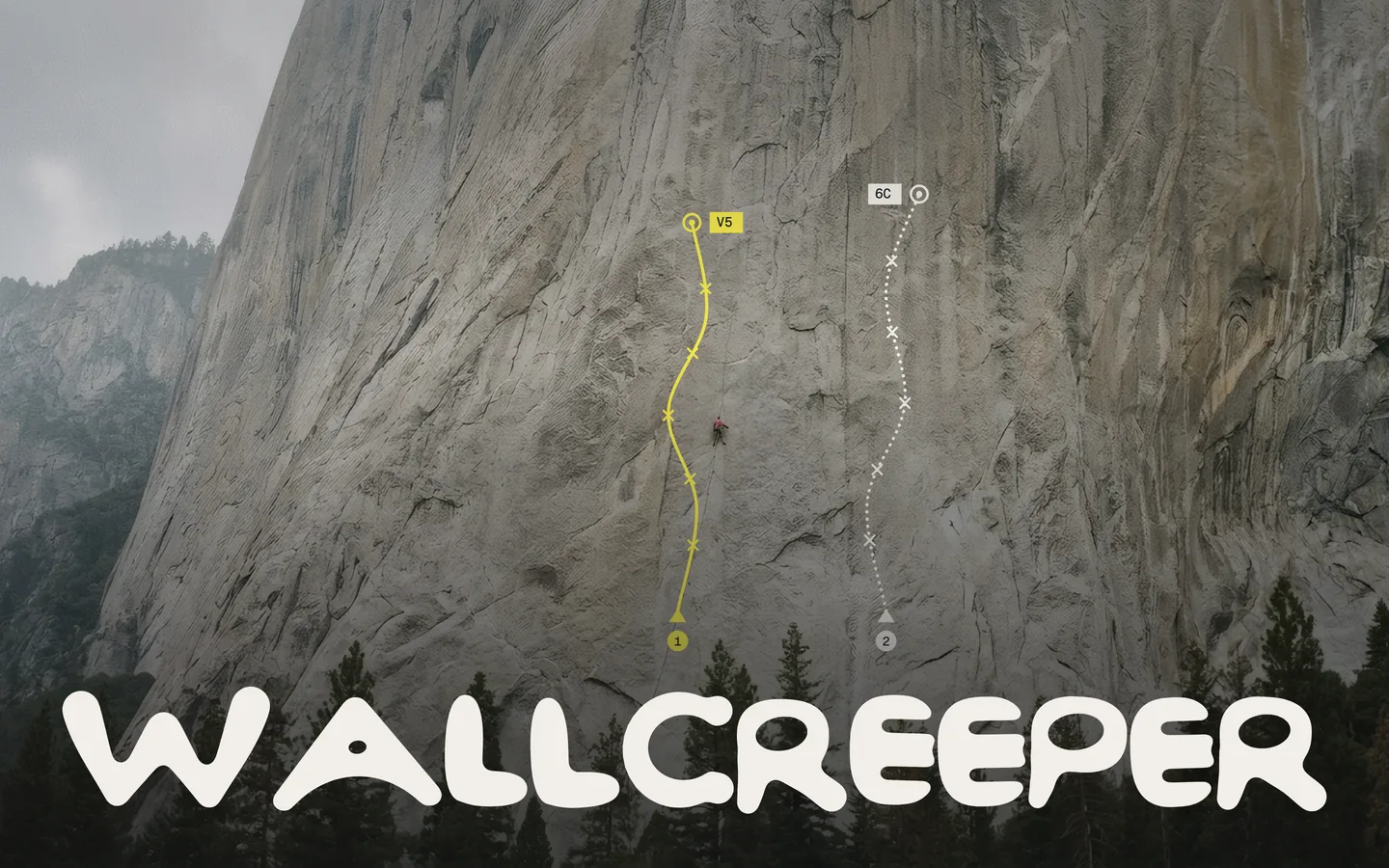 The Wallcreeper wordmark set large across a granite wall, with two guidebook route lines drawn up the rock in yellow and white.