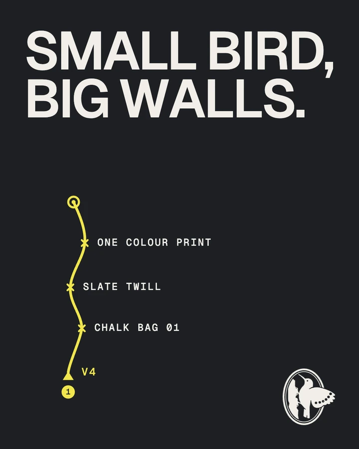 Poster on graphite: the headline SMALL BIRD, BIG WALLS across the top, and below it a yellow route clipping V4, Chalk bag 01, Slate twill and One colour print.