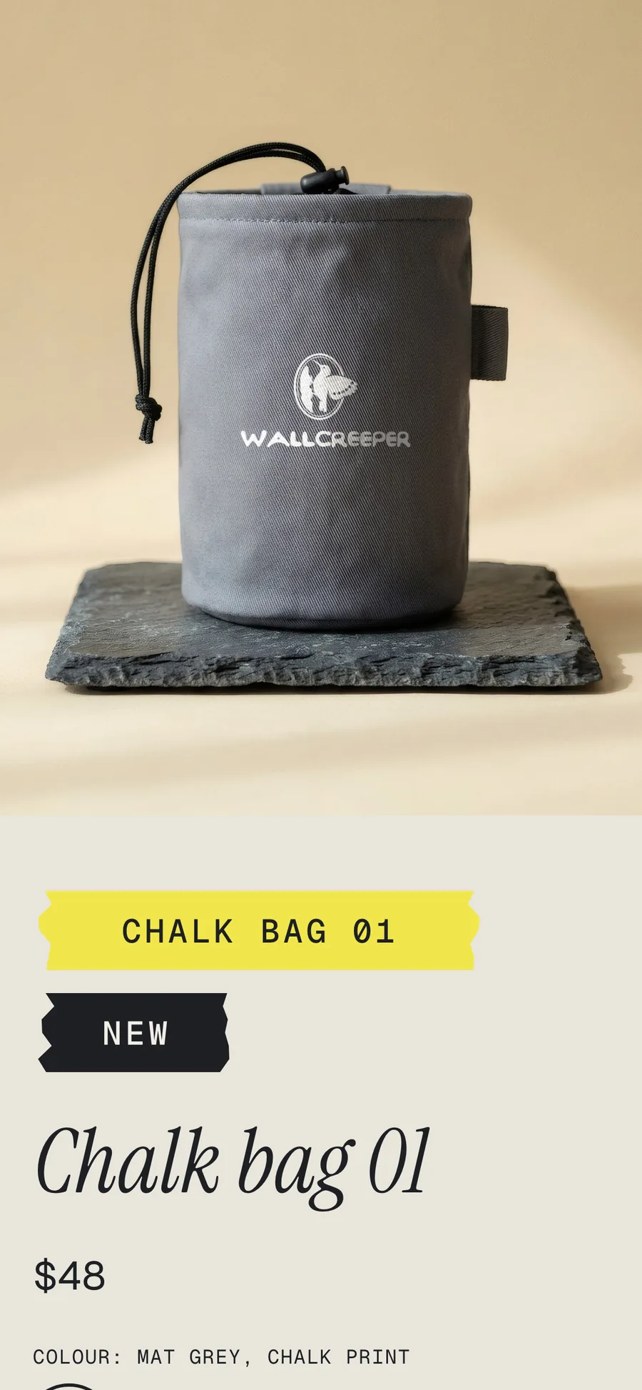The product section on a phone: Chalk bag 01, $48, colour swatches and specs.
