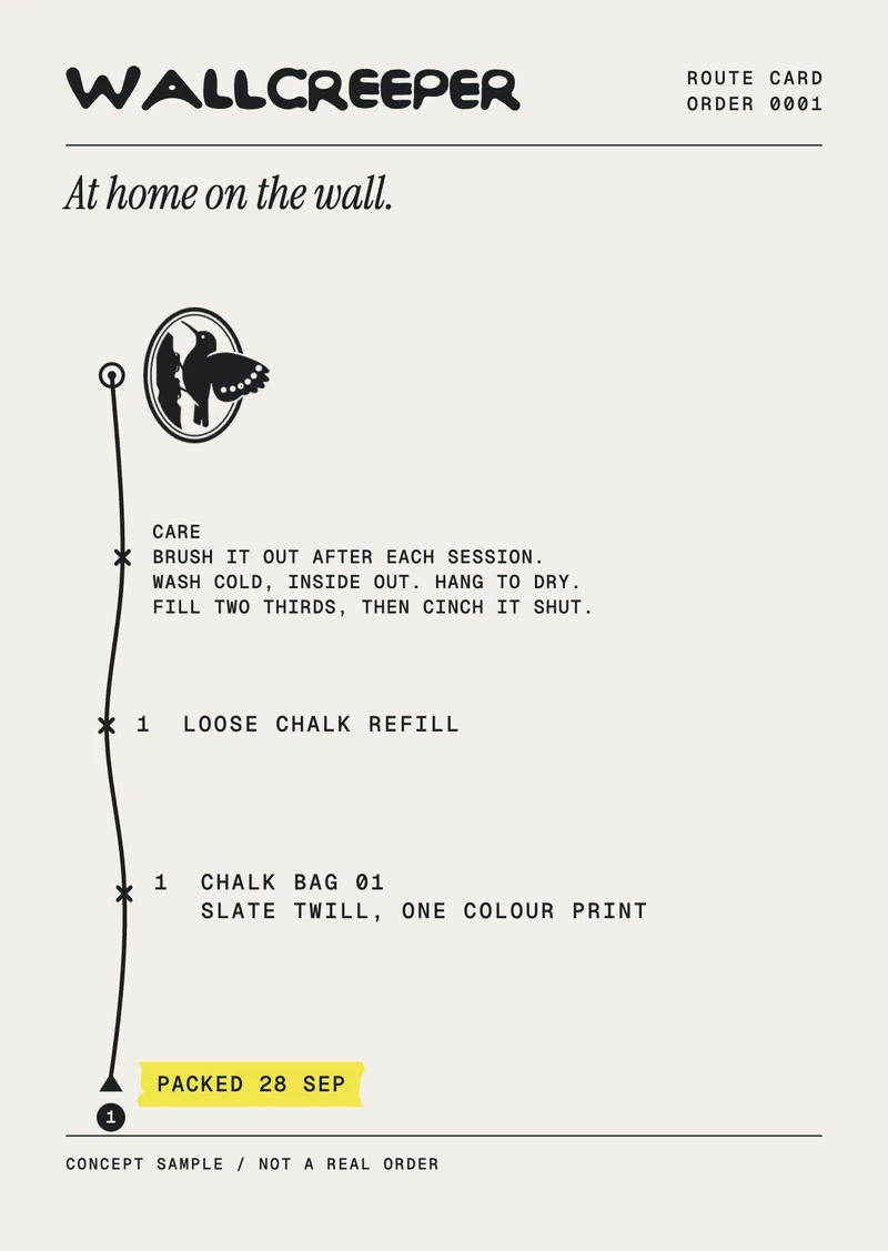 A packing slip called a route card: the order climbs the page from Packed 28 Sep through one bolt per item and the care instructions to the seal.