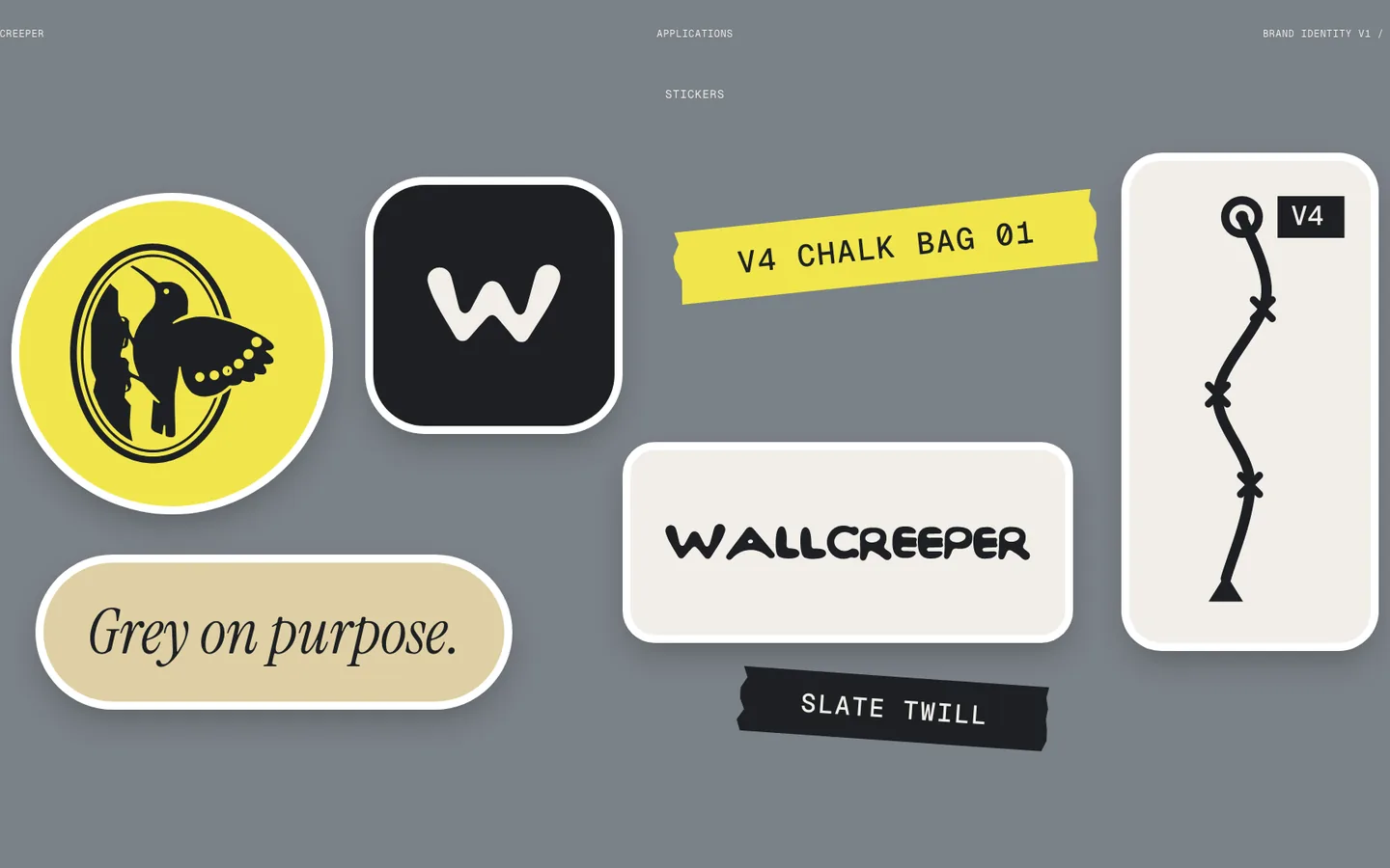 A sheet of die-cut stickers: the seal on yellow, a W monogram, torn tape reading V4 Chalk bag 01, a route line and Grey on purpose.
