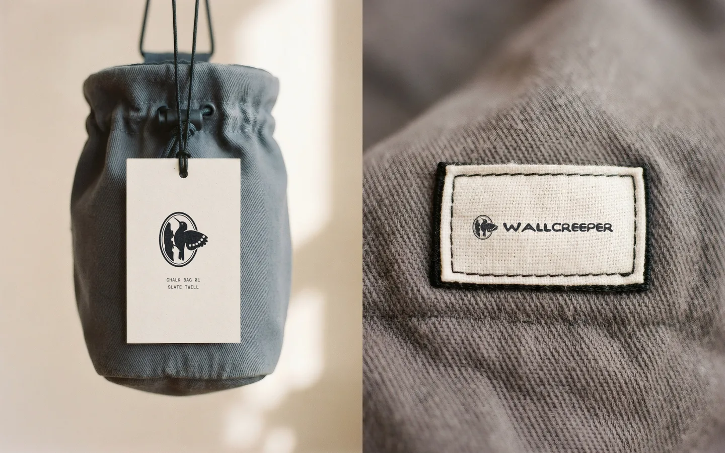A creme hang tag with the seal on a grey chalk bag, beside a woven label with the horizontal lockup sewn onto grey twill.
