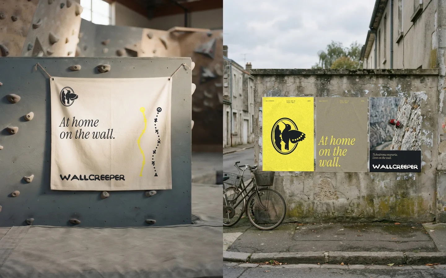A fabric banner in a bouldering gym reading At home on the wall with route lines, beside three street posters on a concrete wall.